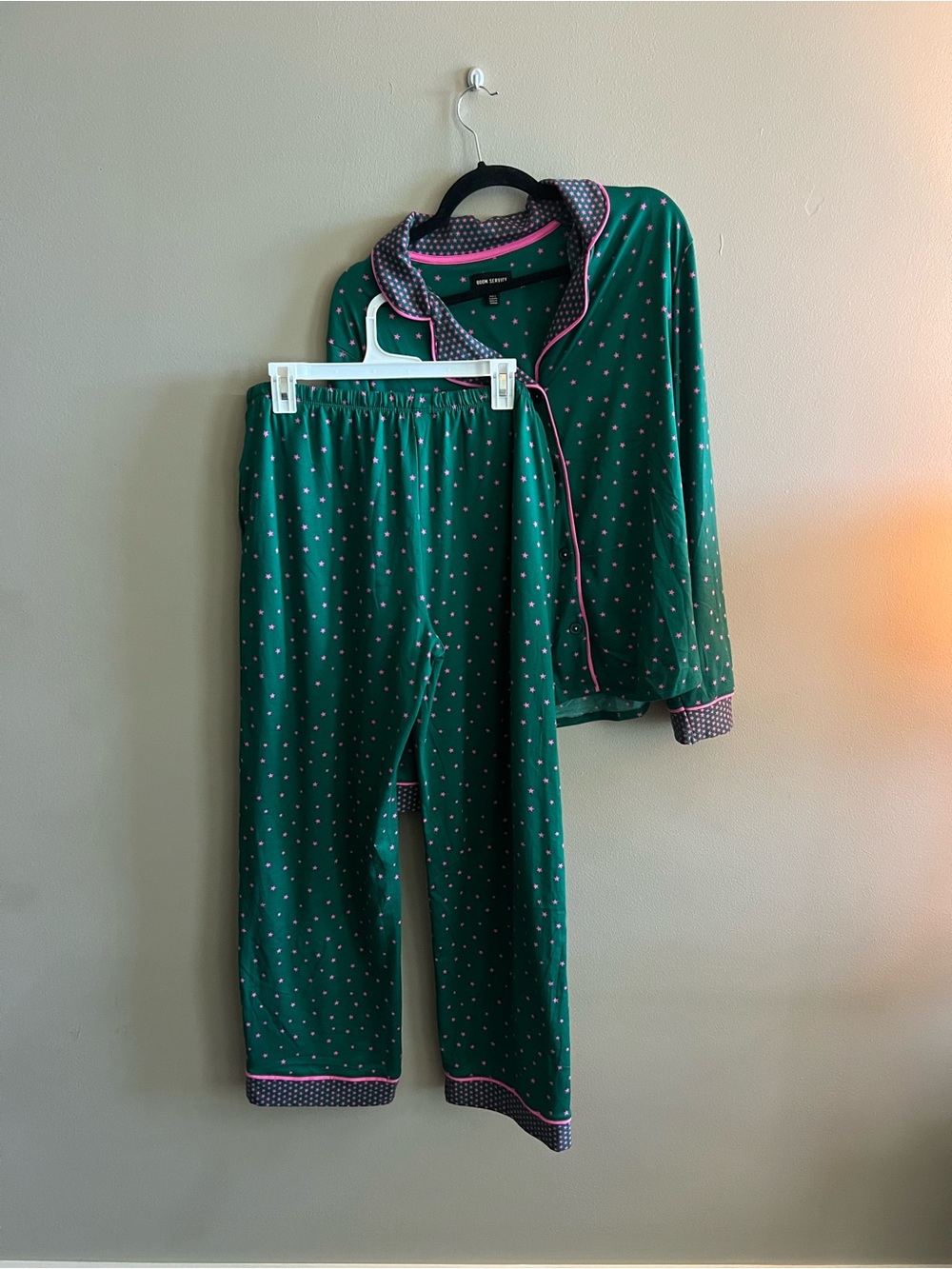 Green Polka-Dot Two-Piece Pajama Set with Pink Trim
